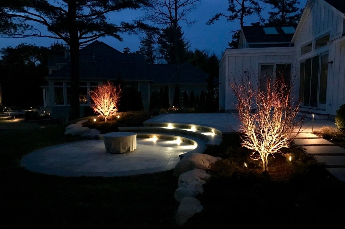 terrace at night with trees uplight